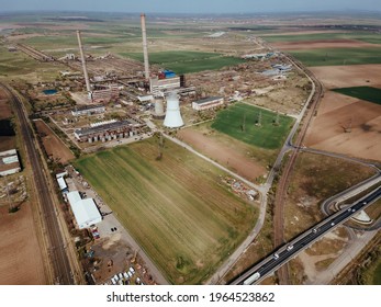 Old Coal Power Plant Chimney Old Color Graded Aerial View