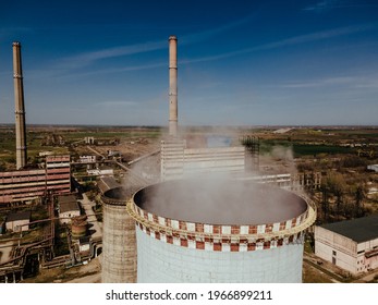 Old Coal Power Plant Chimney Old Color Graded Aerial View