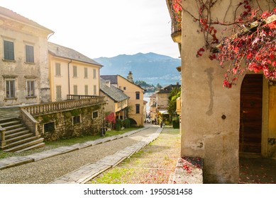 Old Cobbled Street Located In The Village Of Orta San Giulio, Northern Italy