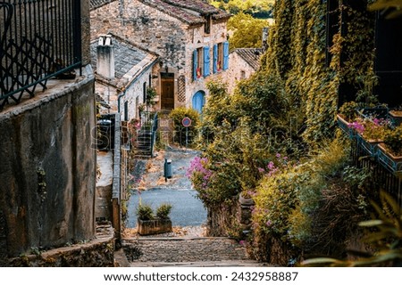 Old cobblestone medieval stairs with a view on the road in the town, the village of Cordes-Sur-Ciel in France