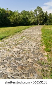 Old Cobblestone Road Through The Meadow