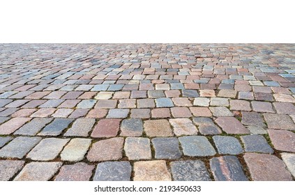 Old cobblestone sidewalk, pavement isolated on white, perspective view - Powered by Shutterstock