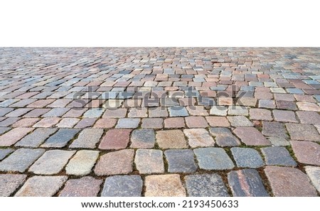 Old cobblestone sidewalk, pavement isolated on white, perspective view