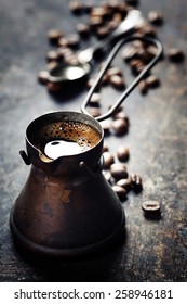 Old Coffee Pot On Dark Rustic  Background