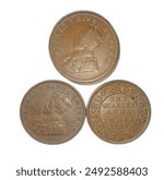 old coins of subcontinent prepartition, Reign of George V King Emperor, One quarter anna coins, Indian coins of 1936, prepartition Currency coins , British rule isolated on white background 
