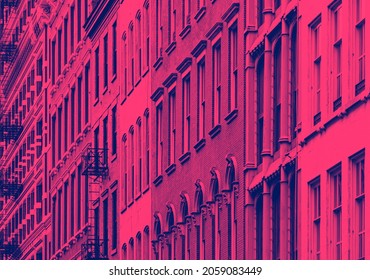 Old colorful buildings in SOHO Manhattan, New York City with pink and blue duotone color effect