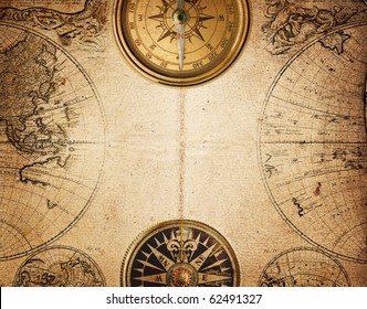 Old Compass On Vintage Map 18 Centuries