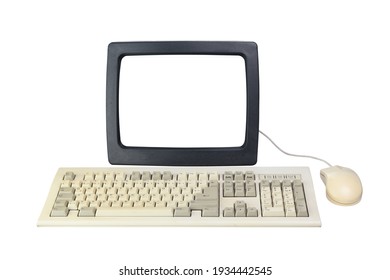 Old Computer From The 1990s With A White Screen For Adding Videos And Images, Retro Keyboard And Mouse Isolated On A White Background.