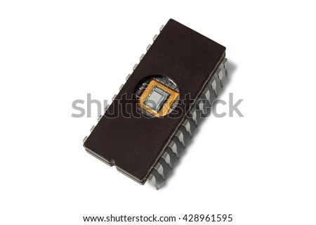 Old computer memory chip on white background