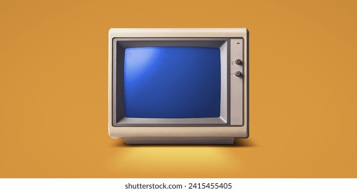 Old computer monitor with blue screen, vintage technology concept