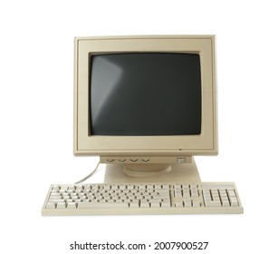 Old Computer Monitor And Keyboard On White Background