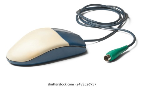 old computer mouse with ps2 connector or port, two button early mouse which used rubber balls on the underside to track movement, isolated on white background