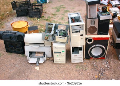 Old Computer Parts And Electronic Junk In Flea Market