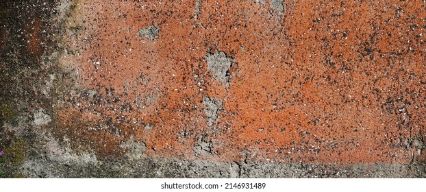 Old concrete wall with shades of rust color, gray, brown with deep crevices and cracks. Background Texture. Copy Space