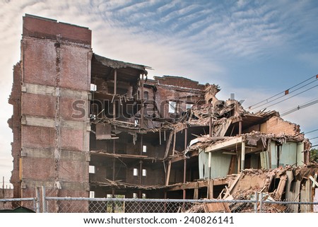 Old condemned demolished factory building 
