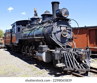 Old Consolidation Type Narrow Gauge Steam Locomotive 346 in a Train Yard