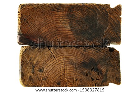 Old construction wood material, on white background.