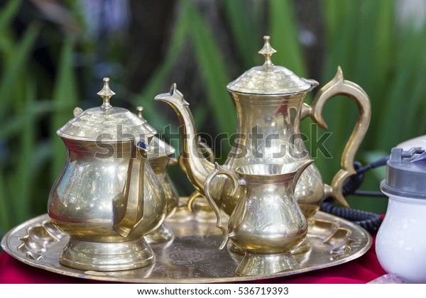 Old Copper Coffeepots On Copper Tray Stock Photo Edit Now