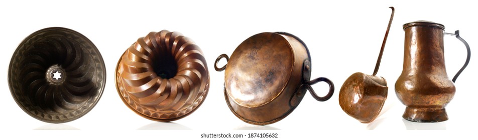 Old Copper Kitchenware And Cake Tin Panorama Isolated On White Background