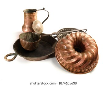 Old Copper Kitchenware And Cake Tin Isolated On White Background