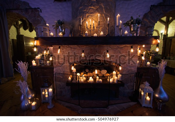 Old Cosy Fireplace Decorated Candles Electric Objects Interiors