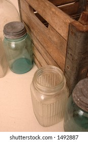 Old Country Milk Crate And Jars