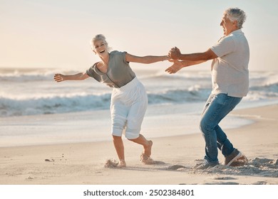 Old couple, holding hands and playing on beach for love, travel and sea waves for retirement. Senior people, marriage and holiday for laughing by water, happy and silly wife on weekend vacation - Powered by Shutterstock