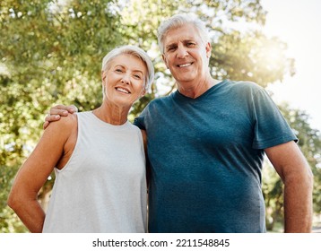 Old couple, hug and nature portrait smile outdoors, park or outside on break after running, walk or exercise. Health, workout and elderly man and woman, walking or spend quality fitness time together - Shutterstock ID 2211548845