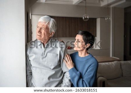 Old couple problems, trust issues. Confused pensive senior man avoid talking, wife hugging and consoling, elderly relationship tension suffering, marital support, health issues in family, empathy bond