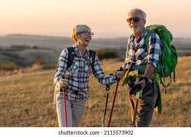 Old couple walking in nature and talk at sunset - Shutterstock ID 2115573902