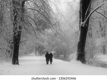 Old couple walking outside in park arm in arm in winter landscape in thick snow. Path and trees branches white in snowfall. Concept of aging pensioners, elder care, dying, spending free time together