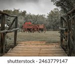 old covered Wagon sitting in a grassy area.  