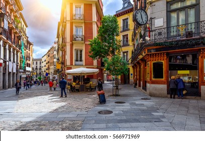 Old cozy street in Madrid, Spain. Architecture and landmark of Madrid, postcard of Madrid 