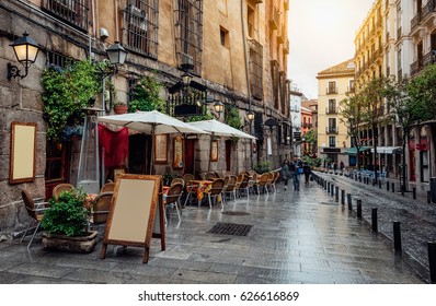 Old Cozy Street In Madrid, Spain. Architecture And Landmark Of Madrid, Postcard Of Madrid.