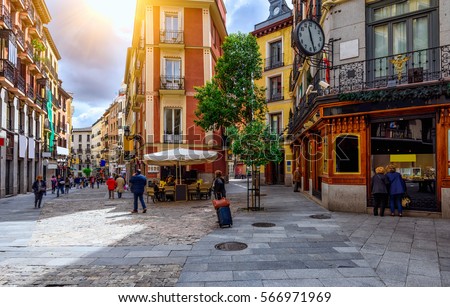 Old cozy street in Madrid, Spain. Architecture and landmark of Madrid, postcard of Madrid 