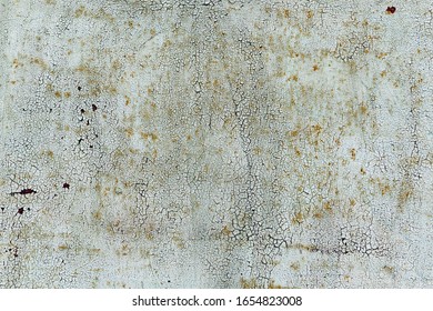 Old Cracked White Coat Of Paint Background With Leaky Rust