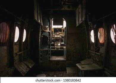 Old crashed airplane. Wreckage plane, scary interior, horror view - broken aircraft on the field