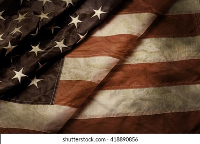 Old And Creased US Flag. Aged Flag Of US. Time Doesn't Stand Still. Past Won't Blur The Way.