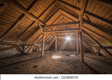 Old And Creepy Attic Of The Ancient House.