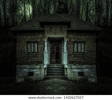 Old creepy haunted house with dark horror atmosphere and scary details. Ancient abandoned mansion with fool moon and black cat in frightening scene like in horror movies. Spooky Halloween decor.