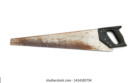 Old crosscut saw have level at the handle for woodwork that has been used for a long time isolated on white background.