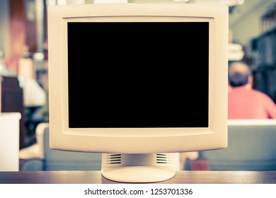 Old CRT Computer Monitor On 90s Office Table, Blank TV Screen  Display In Vintage Style