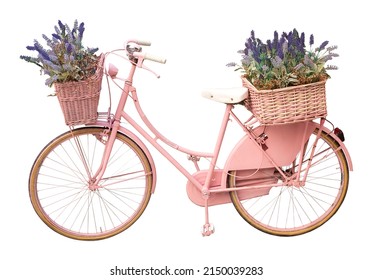 Old cute pink painted bicycle with baskets and flowers in springtime isolated on white for easy selection - Fashion Cut Out concept - Powered by Shutterstock