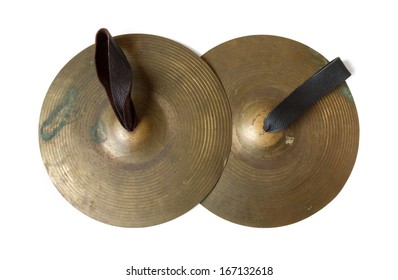 Old cymbals with leather handheld on white background, include path
