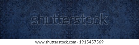 Old dark blue vintage shabby damask floral flower patchwork tiles stone concrete cement wallwallpaer texture background banner	
