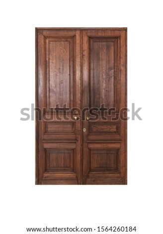 Old dark brown wooden door isolated on white background