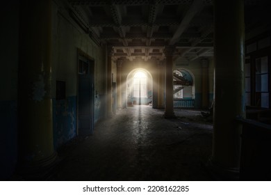 Old Dark Creepy Abandoned Ruined Haunted Theater Hallway.