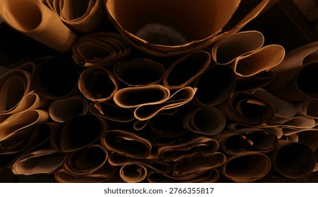 Old data sourse Rolled up stacks of unbound thick scrolls of ancient manuscripts. ancient paper scrolls. damaged, old, burnt paper in rolls. High quality photo