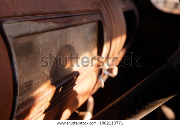 Old decaying truck dashboard sitting in the sun in\
Prescott Valley AZ