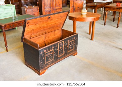 Old Decorated Italian Wooden Chest In A Junk Dealer Shop